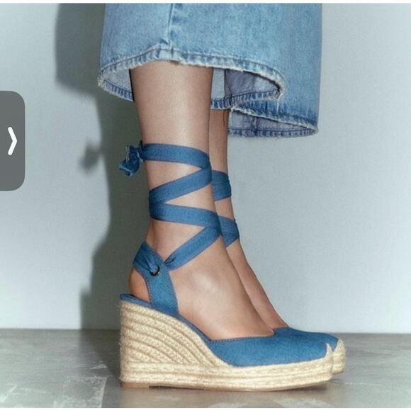 NWT ZARA Blue Denim Espadrille Ankle Tie Wedges Size 40 US Size 9 - Picture 1 of 7